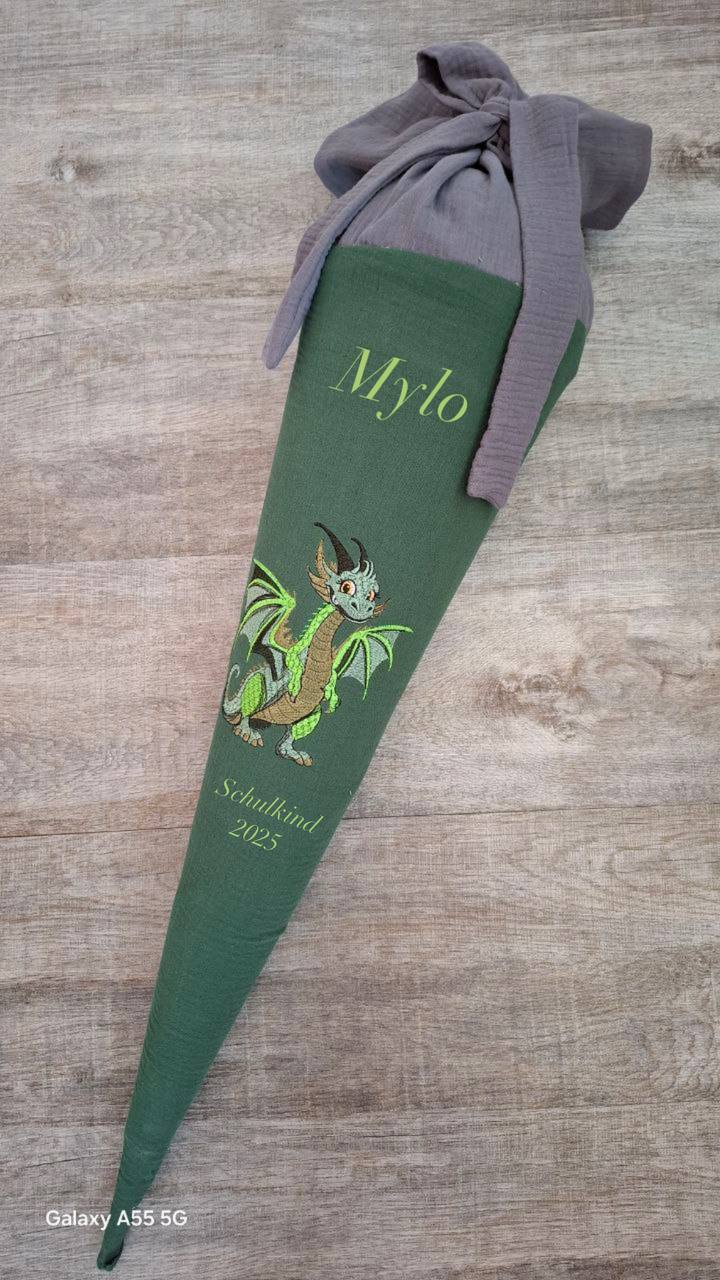 Personalisierte Schultüte aus Musselin mit Name – Stoffbezug 70 cm – Grün-Grau mit Drache – Ohne Papprohling – Geschenk zur Einschulung