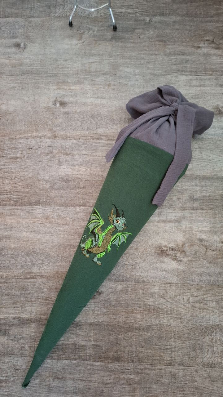 Personalisierte Schultüte aus Musselin mit Name – Stoffbezug 70 cm – Grün-Grau mit Drache – Ohne Papprohling – Geschenk zur Einschulung