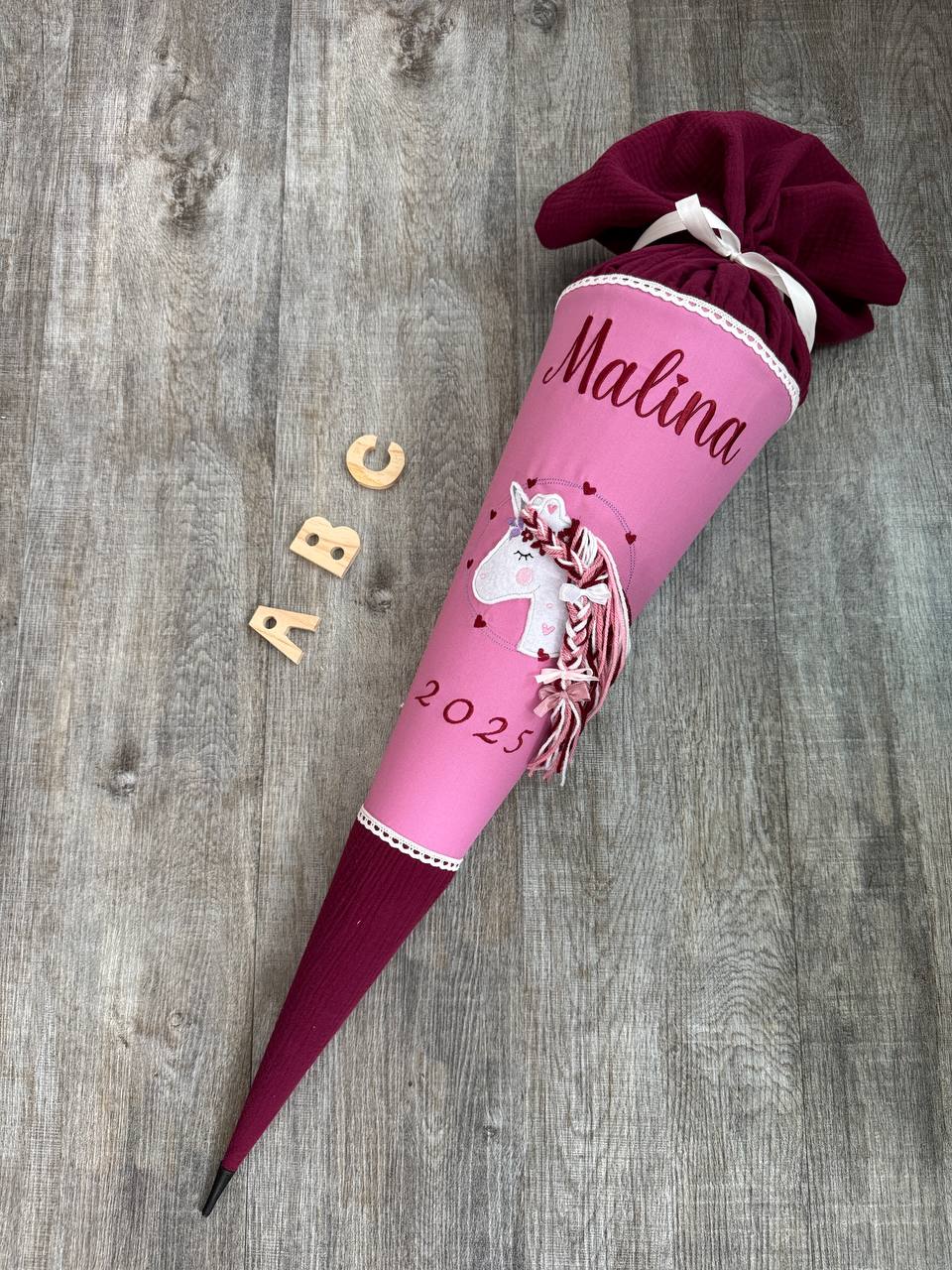 Personalisierte Schultüte Einhorn Boho – Name Jahr – Zuckertüte aus Musselin – Rohling) g 2025 – Mädchen Einschulung (ohne