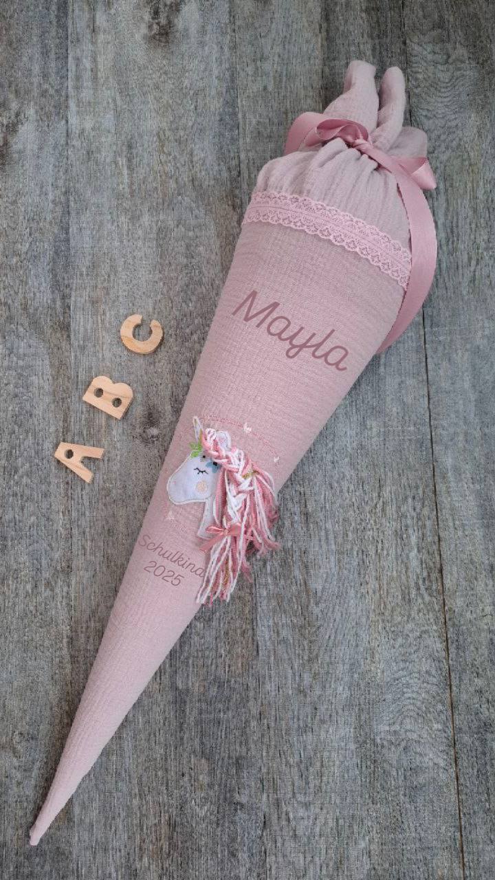 Personalisierte Schultüte Einhorn Boho – Name & Jahr – Zuckertüte aus Musselin – Schulanfang 2025 – Mädchen Einschulung (ohne Rohling)