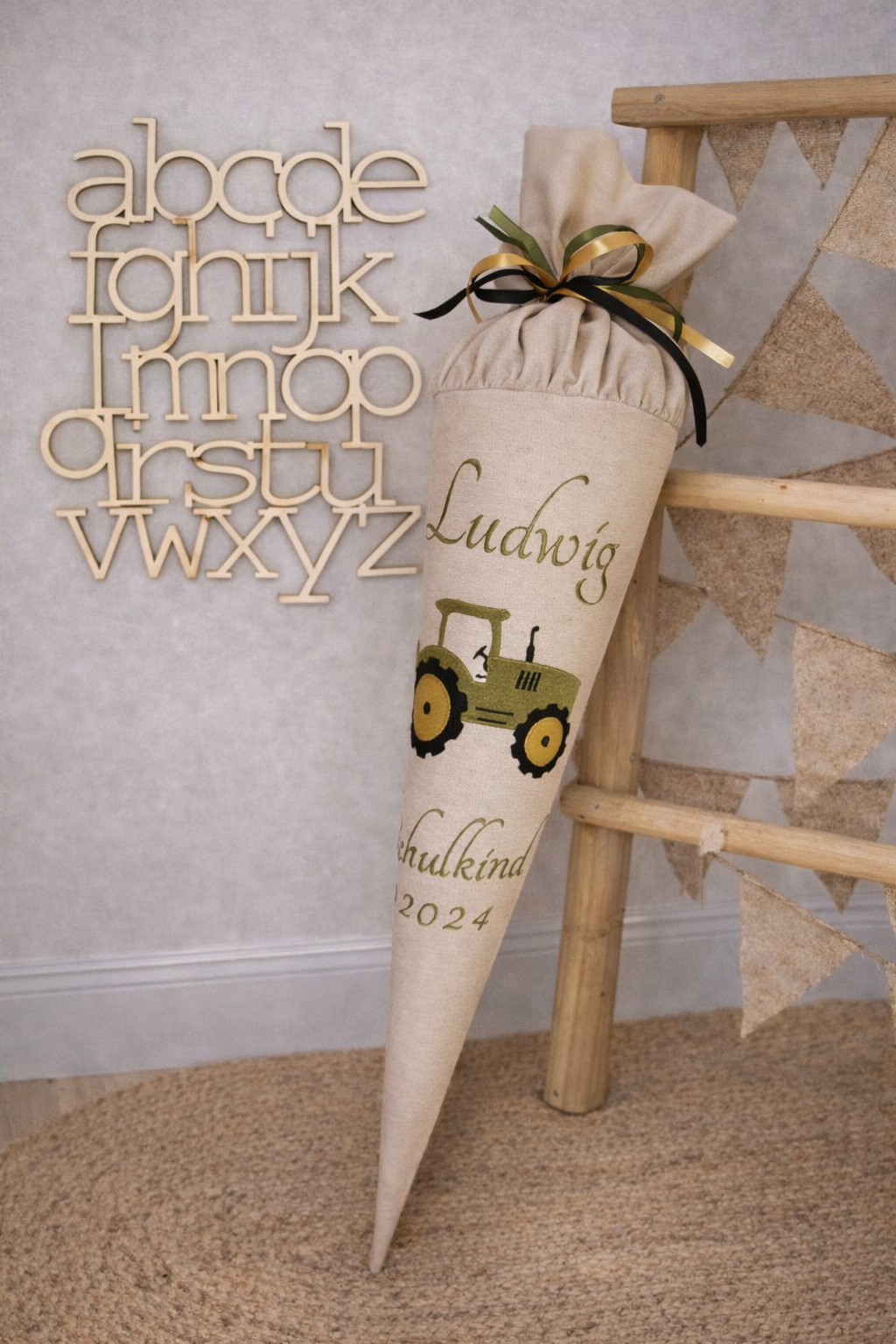 Schultüte, Zuckertüte aus Stoff, Trecker mit Namen, Handmade individualisierbar