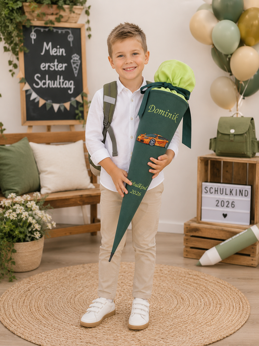 Personalisierte Schultüte mit Namen Wunschmotiv-Stoffschultüte Einschulung 2026-Jungen Rennwagen-Ninja-Handgefertigt inkl.70cm Papprohling.