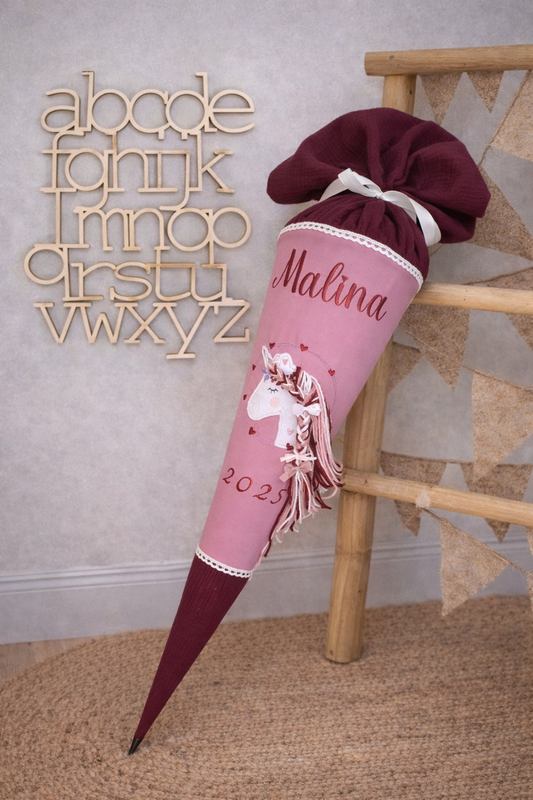 Schultüte Einhorn mit Name-Einschulung 2026 Mädchen-Personalisierte Zuckertüte Altrosa Bordeaux-70cm inl.Rohling-Bestickt.