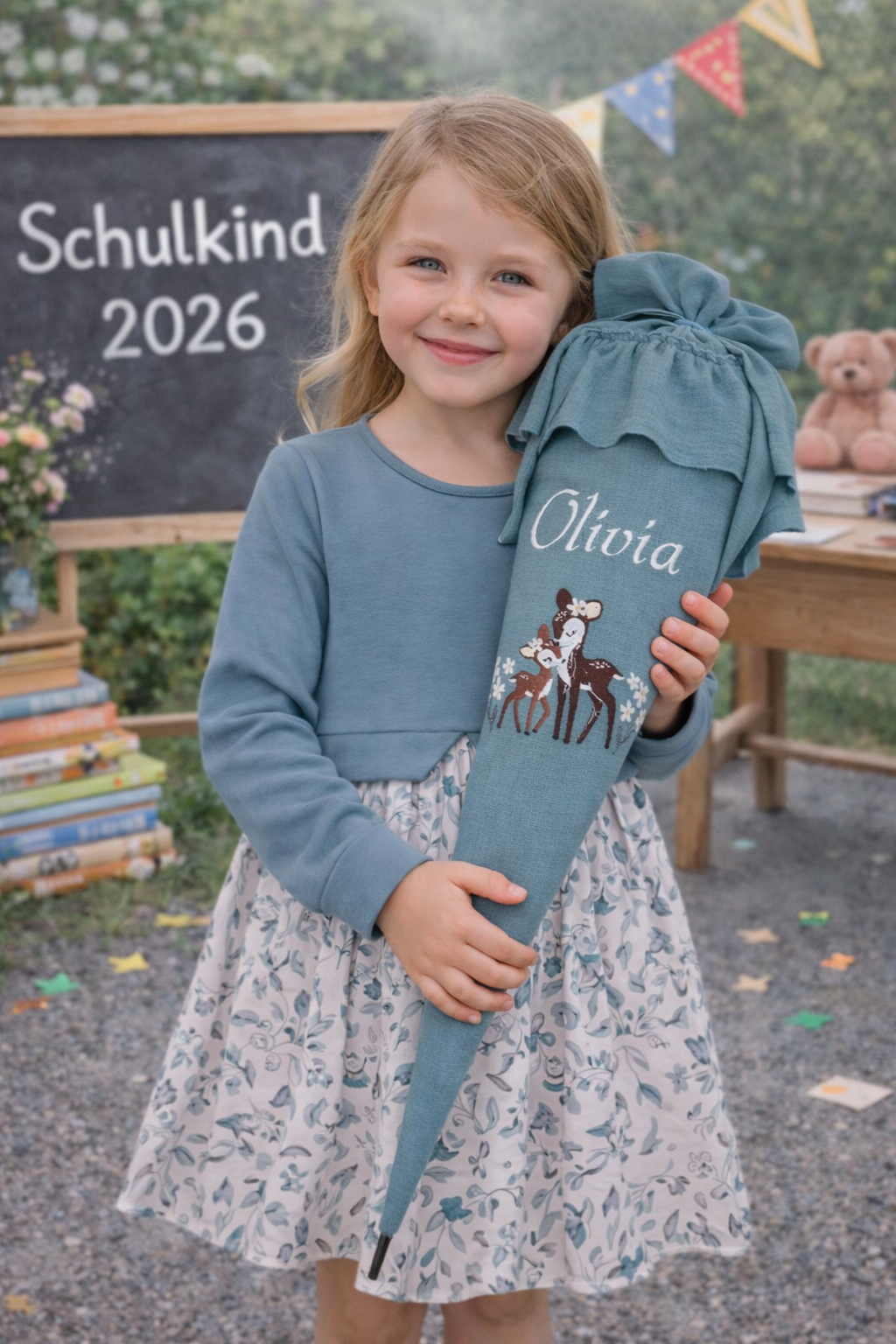 Personalisierte Musselin Schultüte mit Reh Stickerei & Name. 70 cm, mit oder ohne Rüsche, verschiedene Farben. Perfekt zur Einschulung 2026.