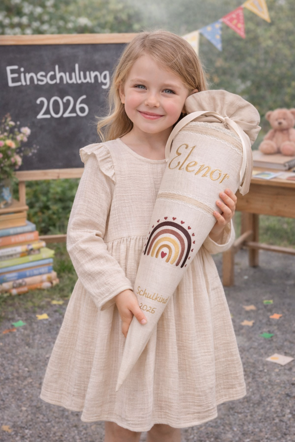 Personalisierte Schultüte Regenbogen aus Musselin Beige – 70 cm mit Papprohling – Name & Jahr bestickt – Boho Einschulung Mädchen