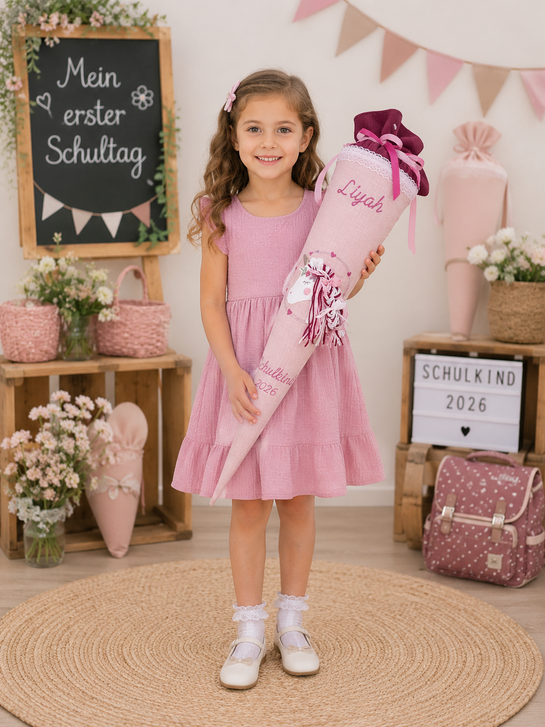 Schultüte Mädchen Rosa Musselin personalisiert mit Name – Pferd 3D Stickerei – Schulkind 2026 – Zuckertüte 70 cm – Einschulung Pferde