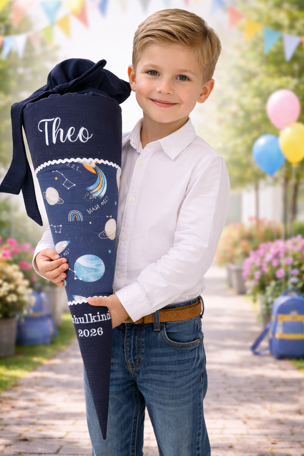 Personalisierte Schultüte aus Musselin Dunkelblau mit Weltraum – Schulkind 2026 – mit Name – Stoffschultüte mit Papprohling