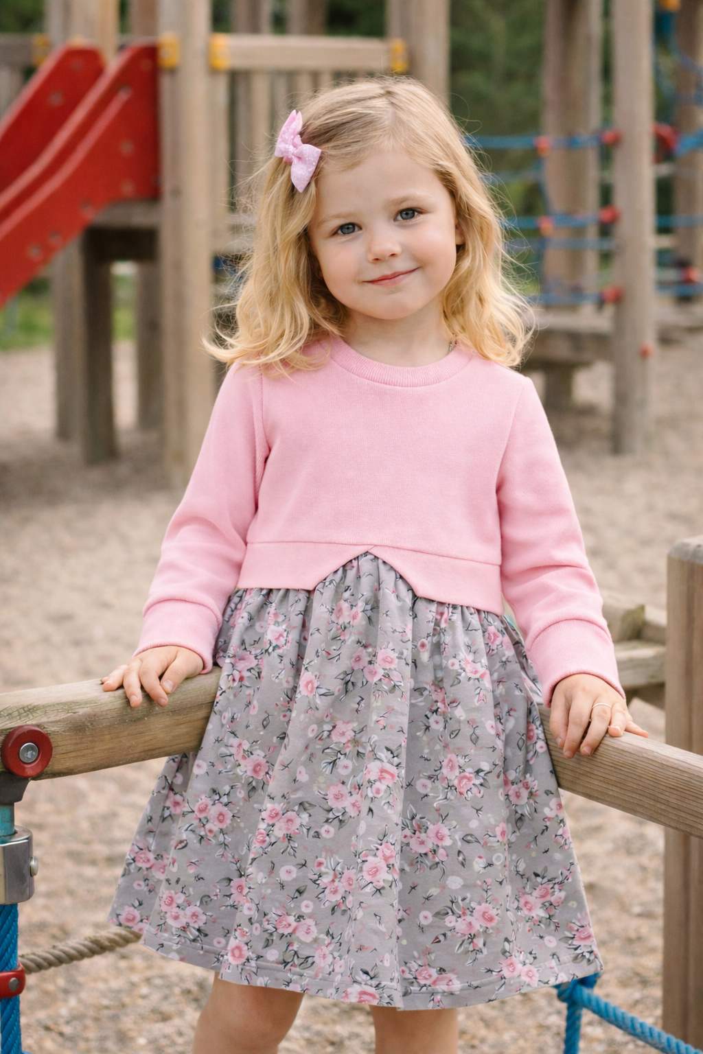 Kleid - Mädchen Kleid aus Bündchen und Baumwolljersey mit Taillenband.
