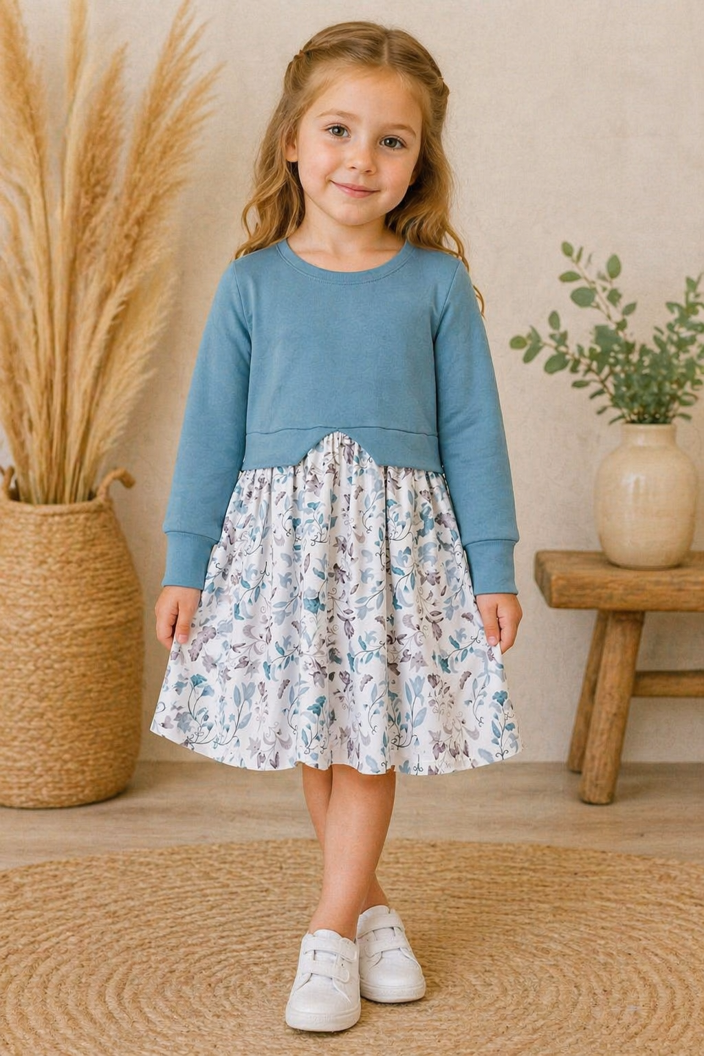 Mädchenkleid aus Sommersweat - Baumwolle – handgemacht – Altblau - Blumenmuster – Größen 110–140– Kinderkleid festlich & alltagstauglich