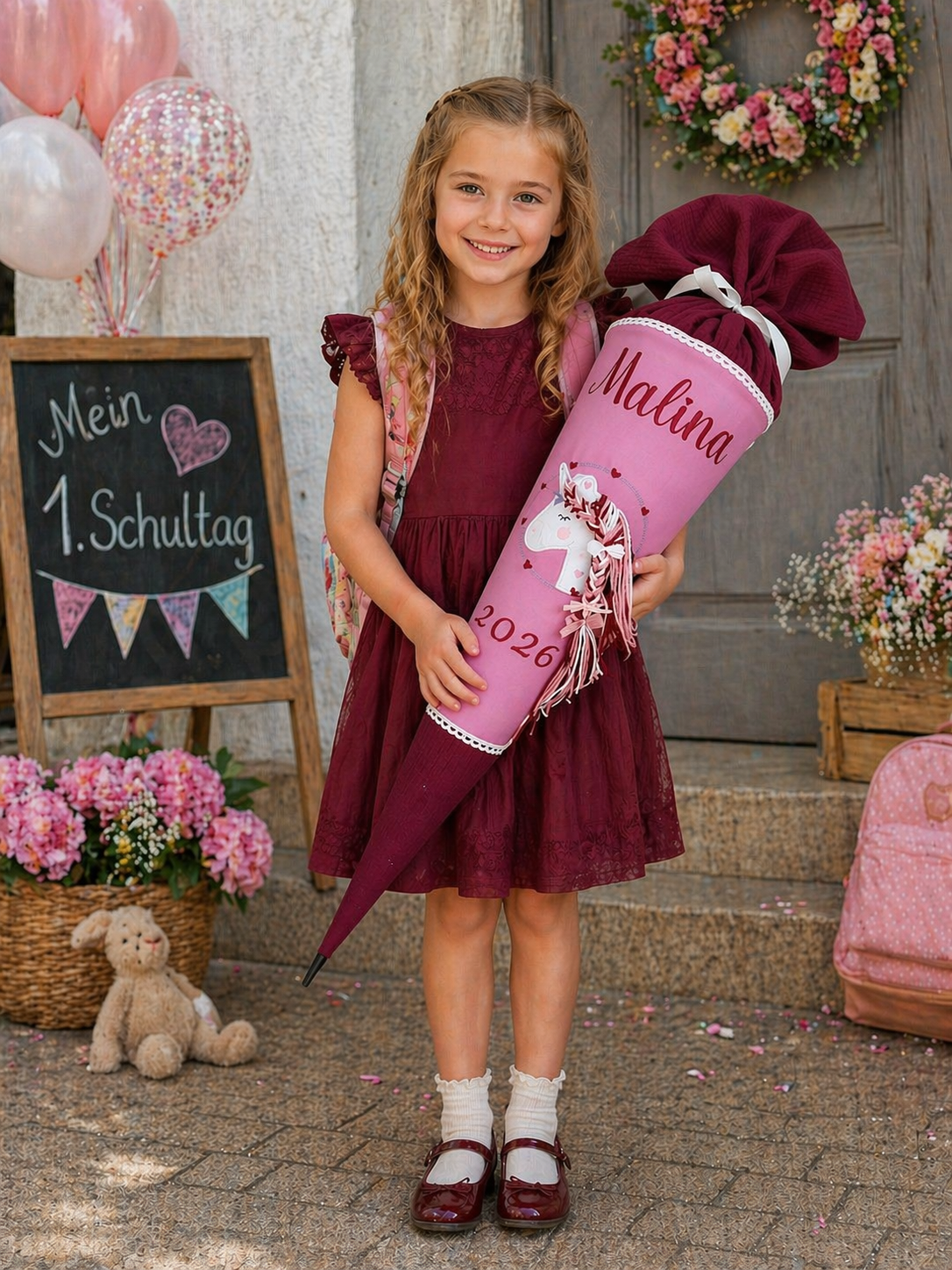 Schultüte Einhorn mit Name-Einschulung 2026 Mädchen-Personalisierte Zuckertüte Altrosa Bordeaux-70cm inl.Rohling-Bestickt.