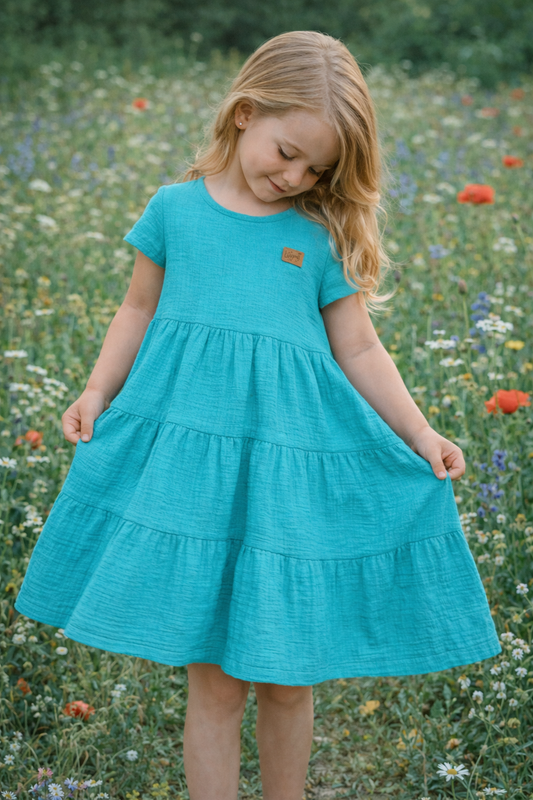 Mädchenkleid aus Musselin • Sommerkleid Baby/Kleinkind • Türkis • handgemacht • Größe 86–122“