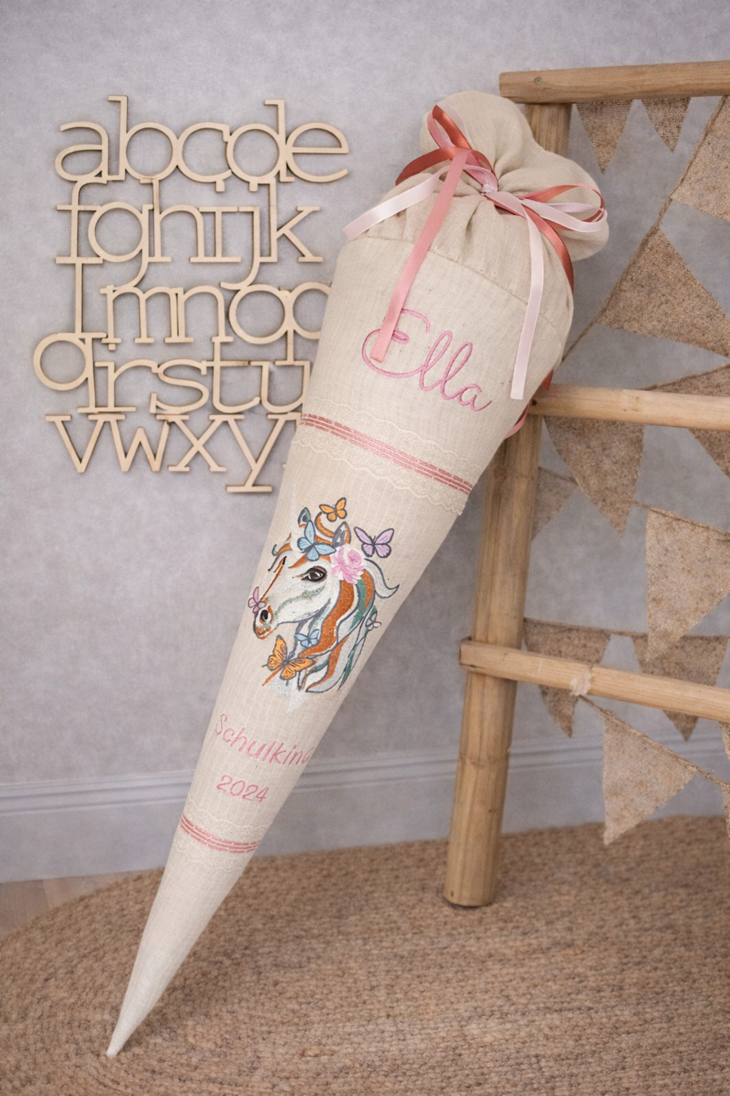 Personalisierte Musselin Schultüte Einhorn – Sand, Pink & Beige – Inkl. Rohling