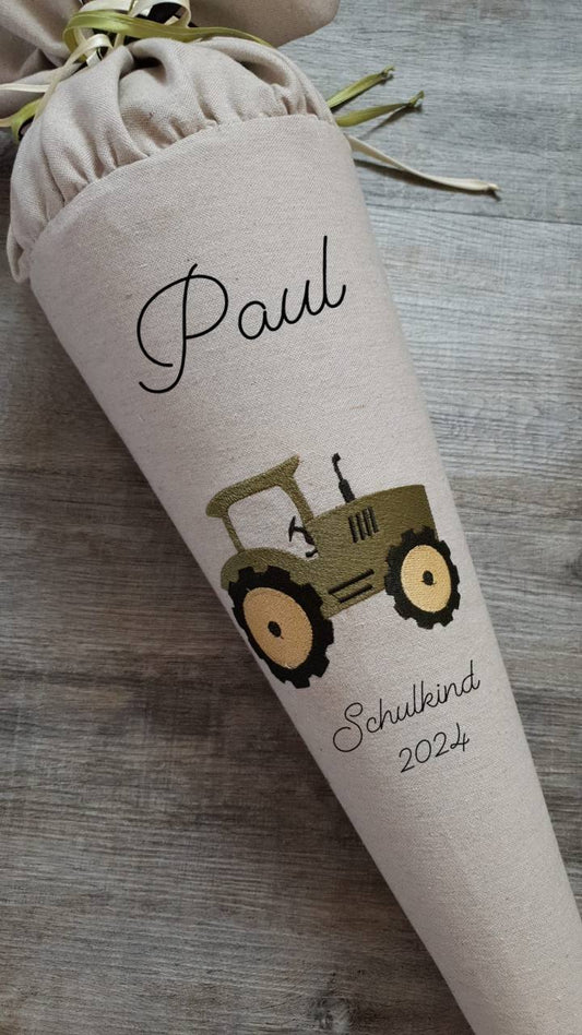Schultüte, Zuckertüte aus Stoff, Trecker mit Namen, Handmade individualisierbar (ohne Rohling)