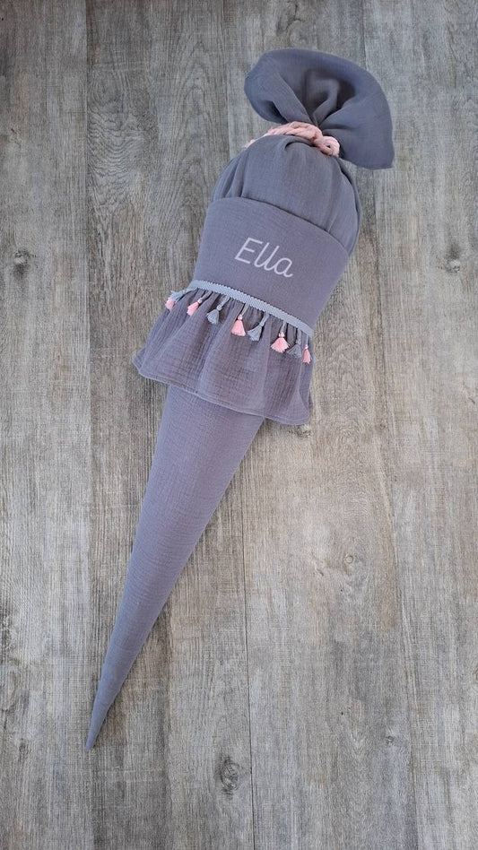Schultüte für Mädchen, Musselin,Schultüte mit Rüsche, Stoffschultüte, Einschulung 2025,  personalisiert mit Name (ohne Rohling )