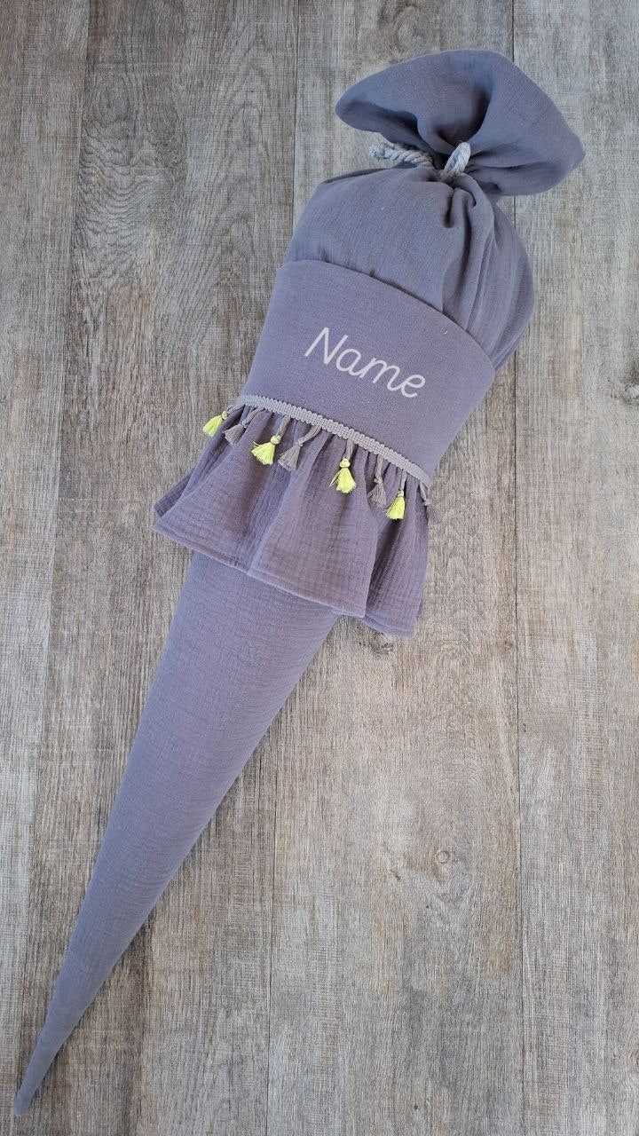 Schultüte für Mädchen, Musselin,Schultüte mit Rüsche, Stoffschultüte, Einschulung 2025,  personalisiert mit Name (ohne Rohling )