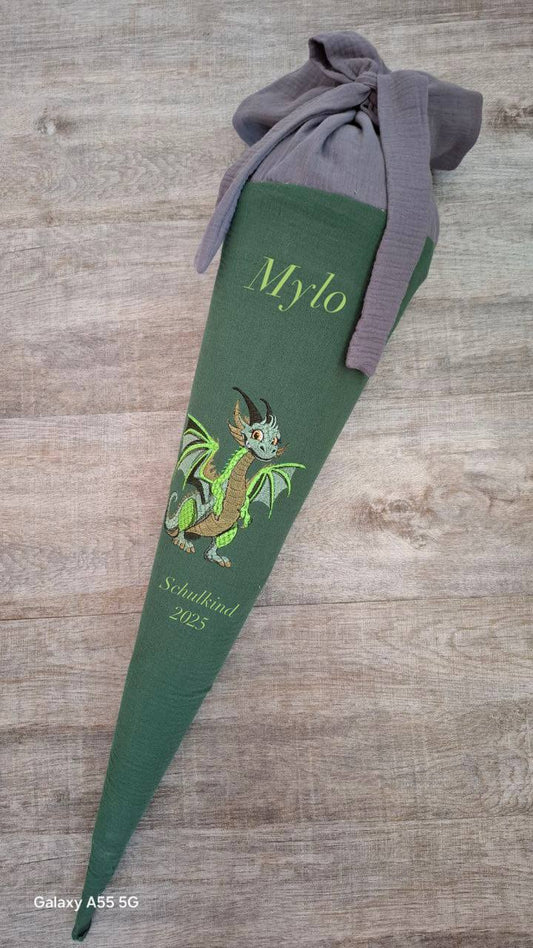 Personalisierte Schultüte aus Musselin mit Name – Stoffbezug 70 cm – Grün-Grau mit Drache – Ohne Papprohling – Geschenk zur Einschulung