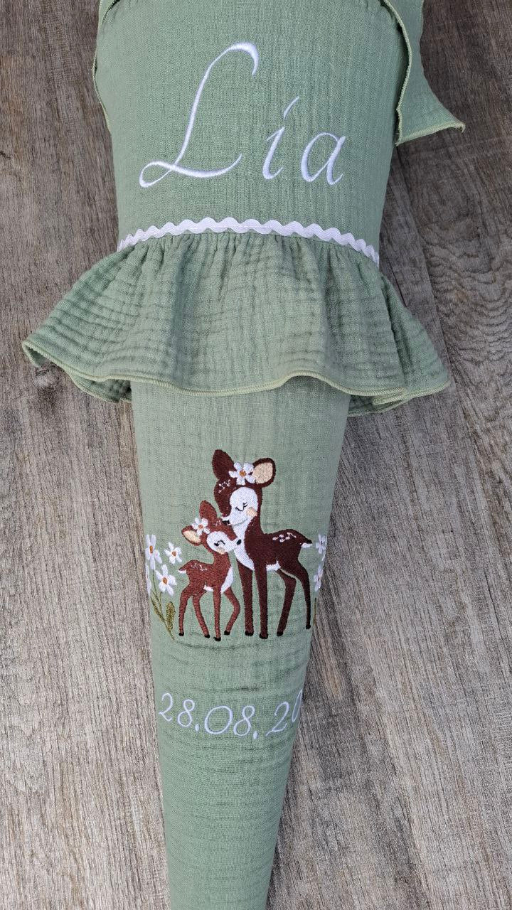 Schultüte für Mädchen, Musselin, Schultüte mit Rüsche, Stoffschultüte, Einschulung 2025, in 6 Farben, personalisiert mit Name(ohne Rohling )