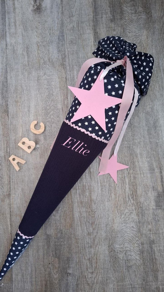 Handgemachte Schultüte 70 cm aus Musselin & Baumwolle mit Sternen. Personalisiert mit Namen  für Mädchen (Ohne Rohling)