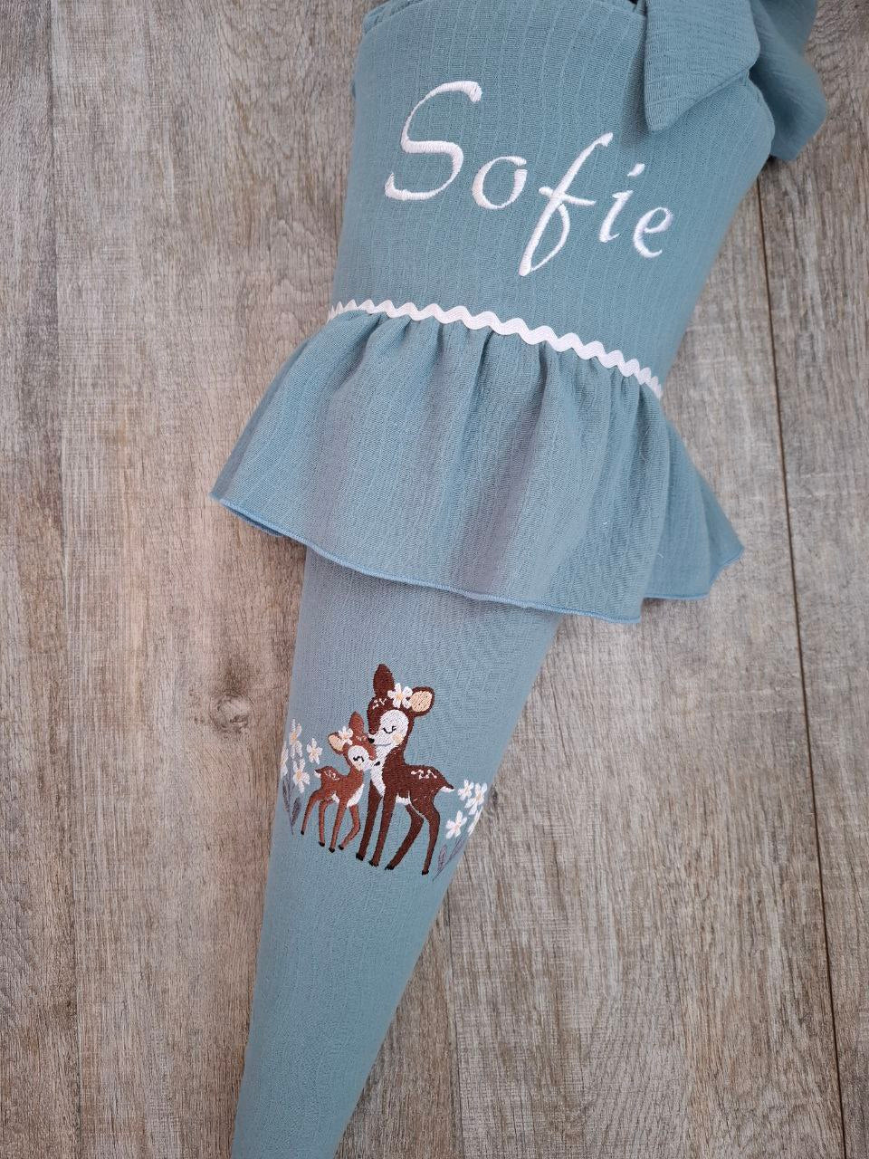Schultüte für Mädchen, Musselin, Schultüte mit Rüsche, Stoffschultüte, Einschulung 2025, in 6 Farben, personalisiert mit Name(ohne Rohling )