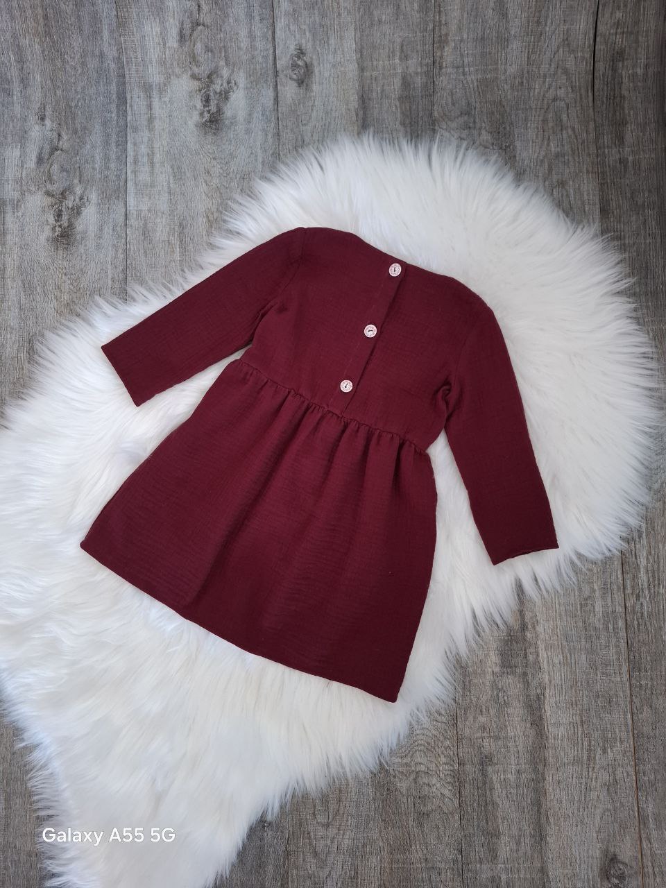 Musselin Kleid für Mädchen – Bordeauxrot – Quadratischer Ausschnitt – Langarm – Größen 86 bis 122