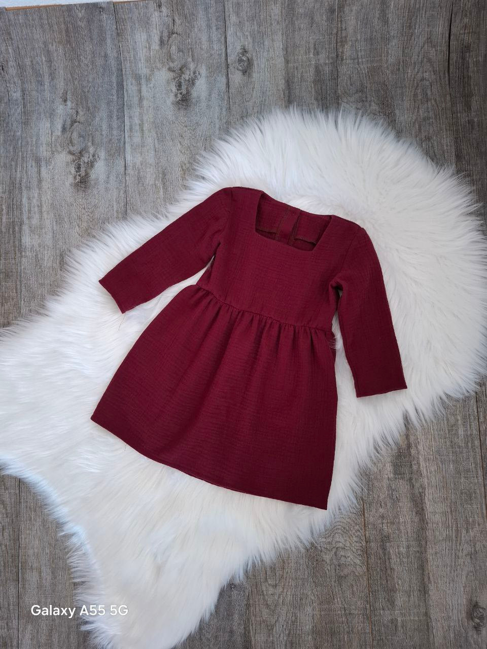 Musselin Kleid für Mädchen – Bordeauxrot – Quadratischer Ausschnitt – Langarm – Größen 86 bis 122