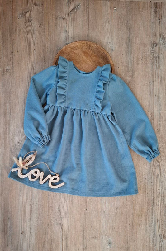 Mädchen Kleid aus Musselin mit Rüschen – Langarm Kleid mit Gummizug – Handgemachtes Kinderkleid in verschiedenen Farben und Größen