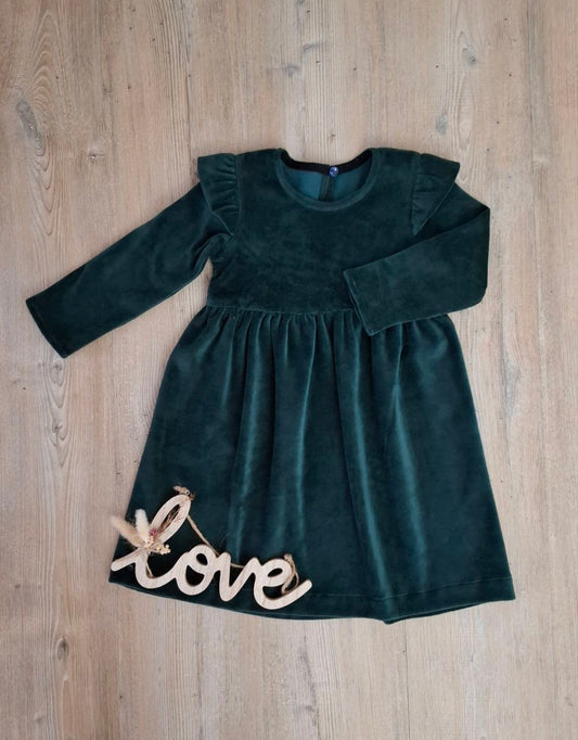Mädchen Kleid aus Nicki-Stoff in Smaragdgrün – mit langen Ärmeln & Rüschen am Oberarm – Größe 68–122