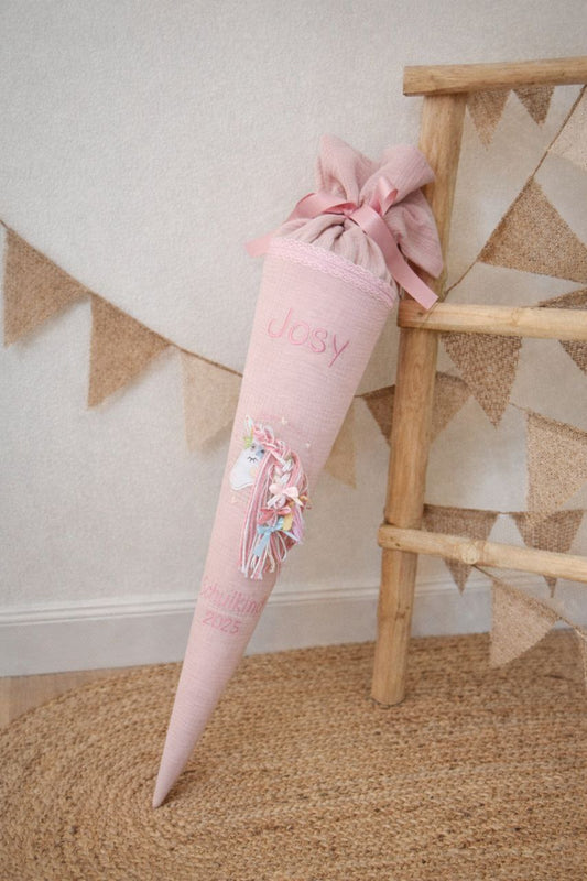 Schultüte Mädchen Rosa Musselin personalisiert mit Name – Pferd 3D Stickerei – Schulkind 2026 – Zuckertüte 70 cm – Einschulung Pferde