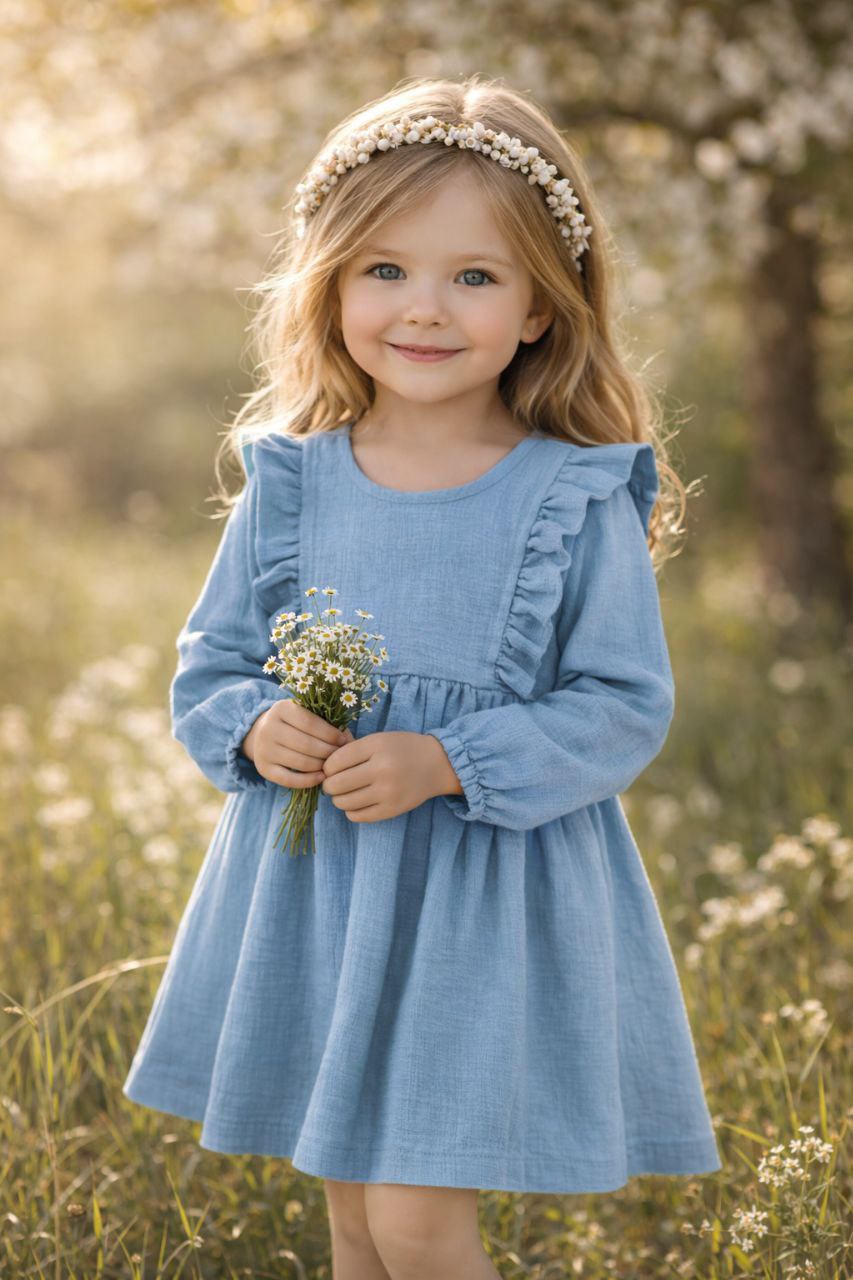 Mädchen Kleid aus Musselin mit Rüschen – Langarm Kleid mit Gummizug – Handgemachtes Kinderkleid in verschiedenen Farben und Größen