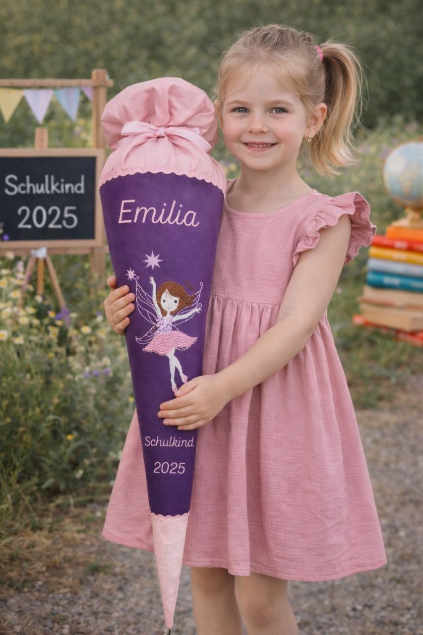 Personalisierte Schultüte Ballerina aus 100% Baumwolle – lila rosa mit Name & Jahr bestickt – 70 cm mit Papprohling – Einschulung Mädchen