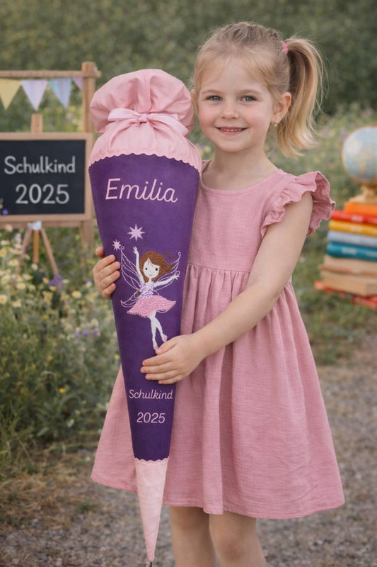Personalisierte Schultüte Ballerina aus 100% Baumwolle – lila rosa mit Name & Jahr bestickt – 70 cm mit Papprohling – Einschulung Mädchen