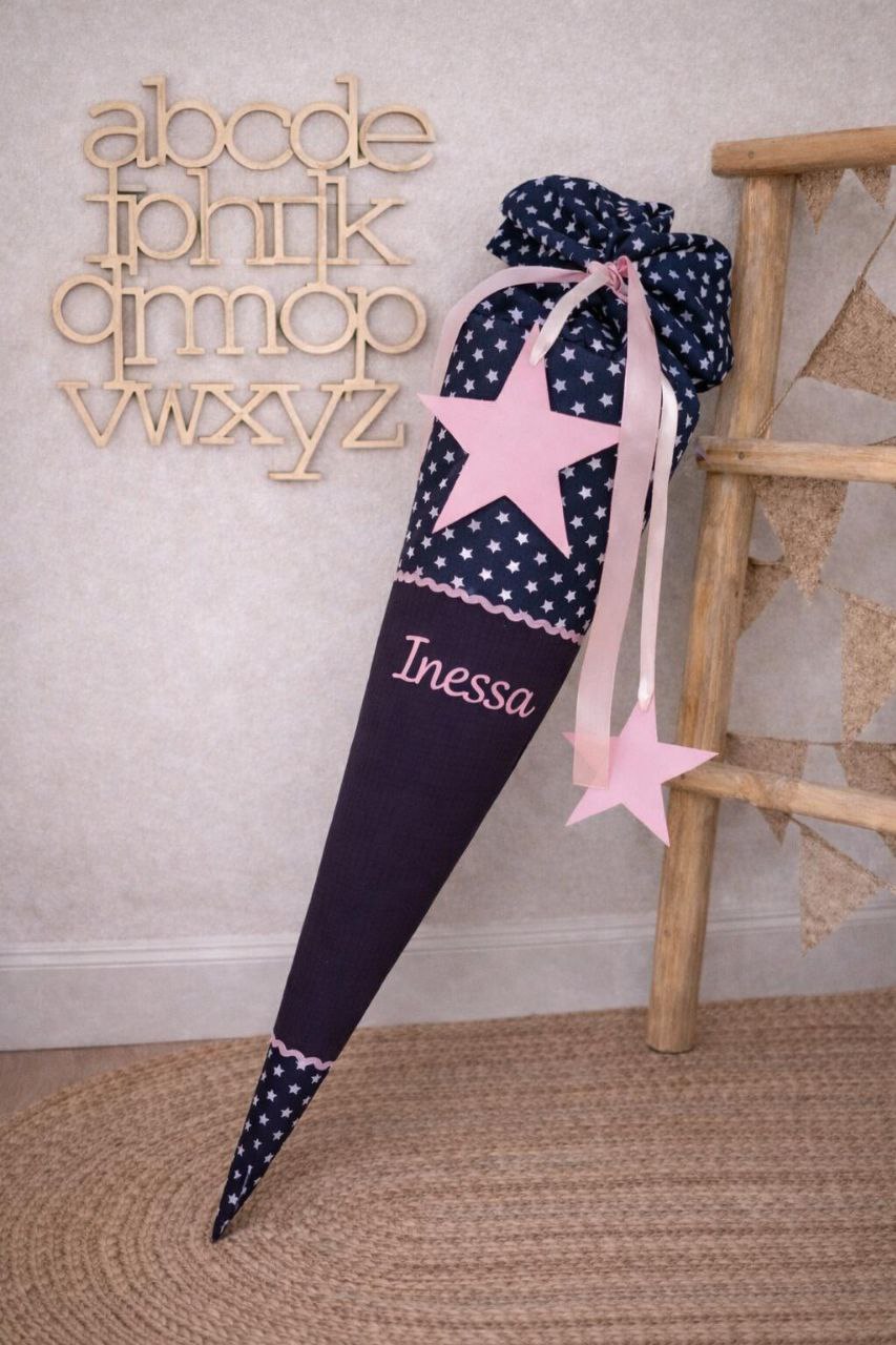 Personalisierte Schultüte mit Sternen  | Musselin - Popeline | Blau Rosa | Name wählbar | 70 cm | inkl. Paprohling | Einschulung Mädchen