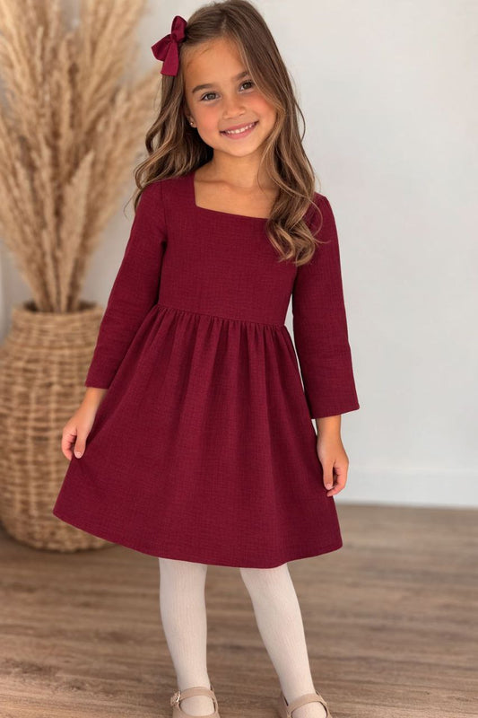 Musselin Kleid für Mädchen – Bordeauxrot – Quadratischer Ausschnitt – Langarm – Größen 86 bis 122