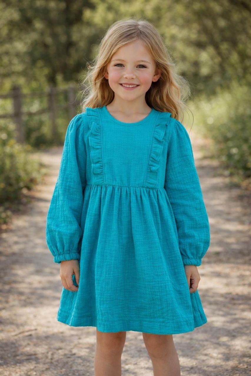 Mädchen Kleid aus Musselin mit Rüschen – Langarm Kleid mit Gummizug – Handgemachtes Kinderkleid in verschiedenen Farben und Größen