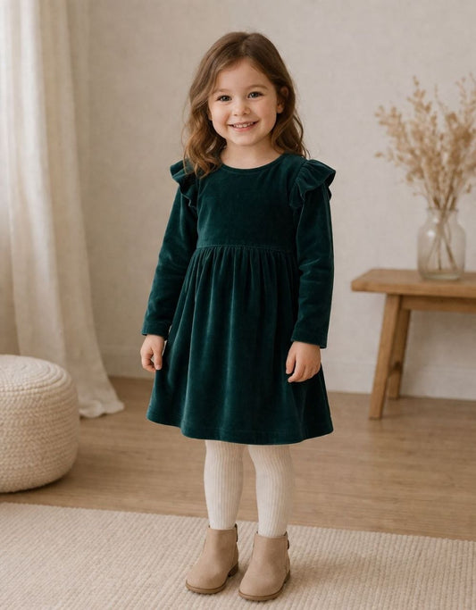 Mädchen Kleid aus Nicki-Stoff in Smaragdgrün – mit langen Ärmeln & Rüschen am Oberarm – Größe 68–122