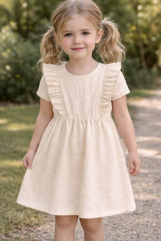 Sommerkleid aus Musselin – Rüschenkleid für Mädchen – Farben: Sand, Blau, Grau – Gr. 86–134
