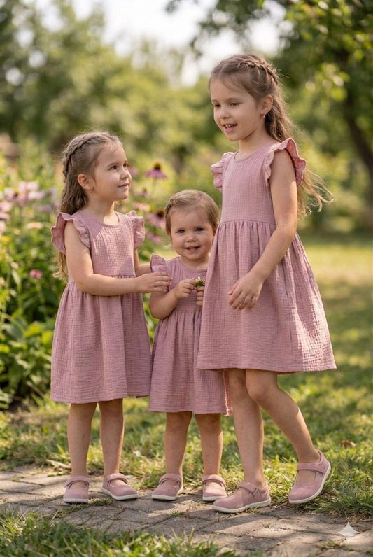 Musselin Kleid Mädchen – Baby Kleid mit Flügelärmeln – Sommerkleid aus Baumwolle – Handgemachtes Kinderkleid.