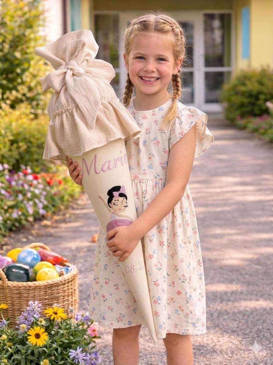 Personalisierte Musselin Schultüte mit Ballerina & Rüschen – Inkl. Rohling – Handgefertigt