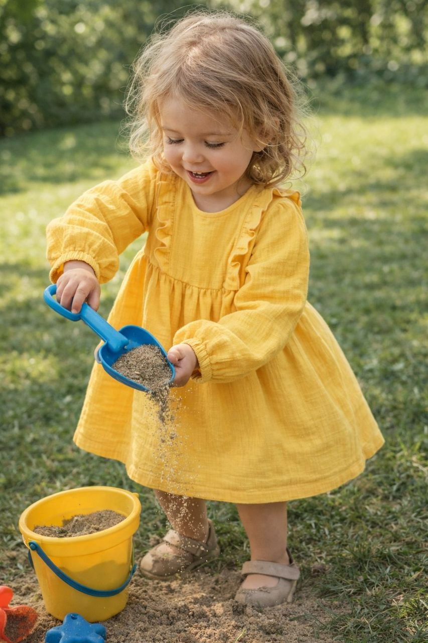 Mädchen Kleid aus Musselin mit Rüschen – Langarm Kleid mit Gummizug – Handgemachtes Kinderkleid in verschiedenen Farben und Größen