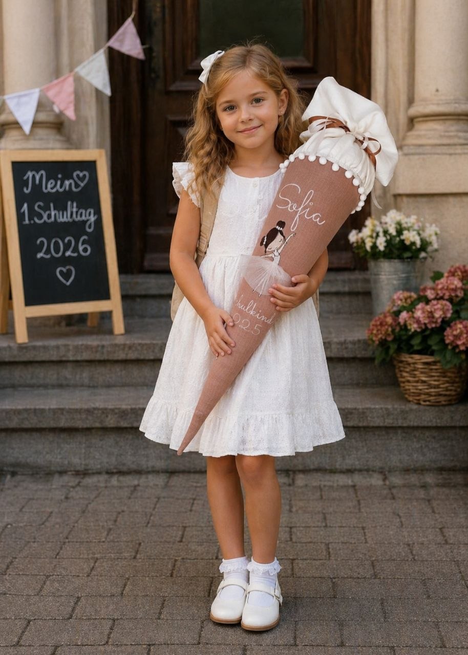 Schultüte Ballerina mit Name – Einschulung 2026 Mädchen – Personalisierte Zuckertüte aus Musselin  Taupe -Weiß – 70 cm mit Rohling