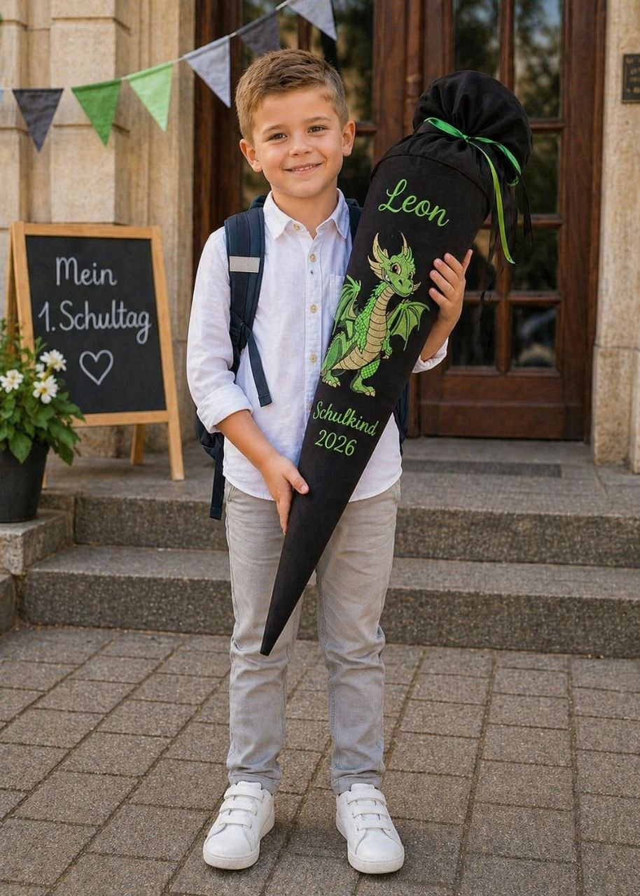 Personalisierte Schultüte aus Canvas – Schwarz mit Drachen & Name – Inkl. Rohling
