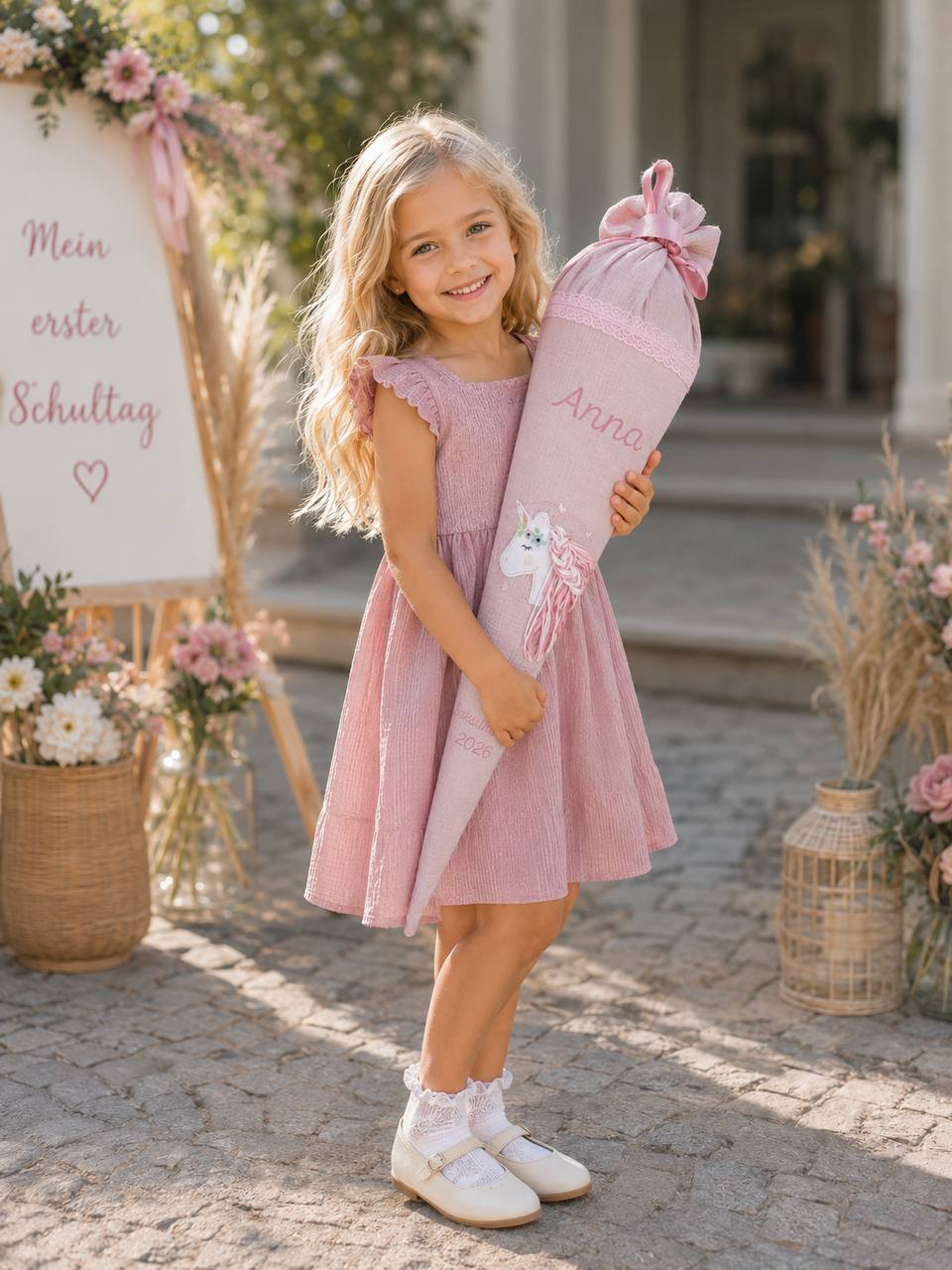 Schultüte Mädchen Rosa Musselin personalisiert mit Name – Pferd 3D Stickerei – Schulkind 2026 – Zuckertüte 70 cm – Einschulung Pferde
