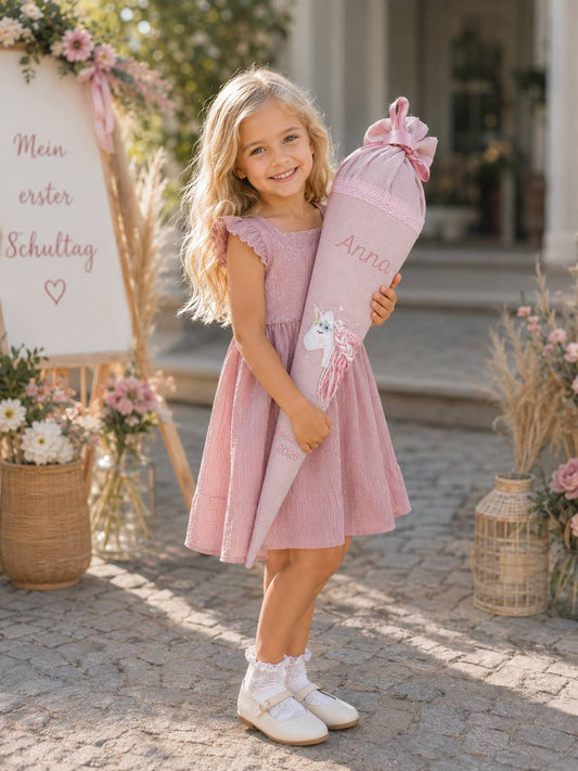 Schultüte Mädchen Rosa Musselin personalisiert mit Name – Pferd 3D Stickerei – Schulkind 2026 – Zuckertüte 70 cm – Einschulung Pferde