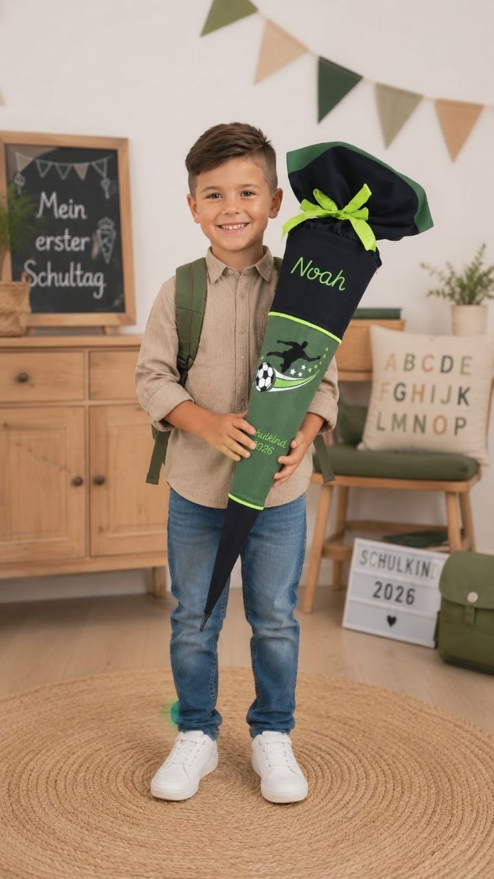 Personalisierte Fußball Schultüte mit Name | Schulkind 2026 | Schultüte Jungen | Smaragd Grün Schwarz | Einschulung 2026 | Handgemacht