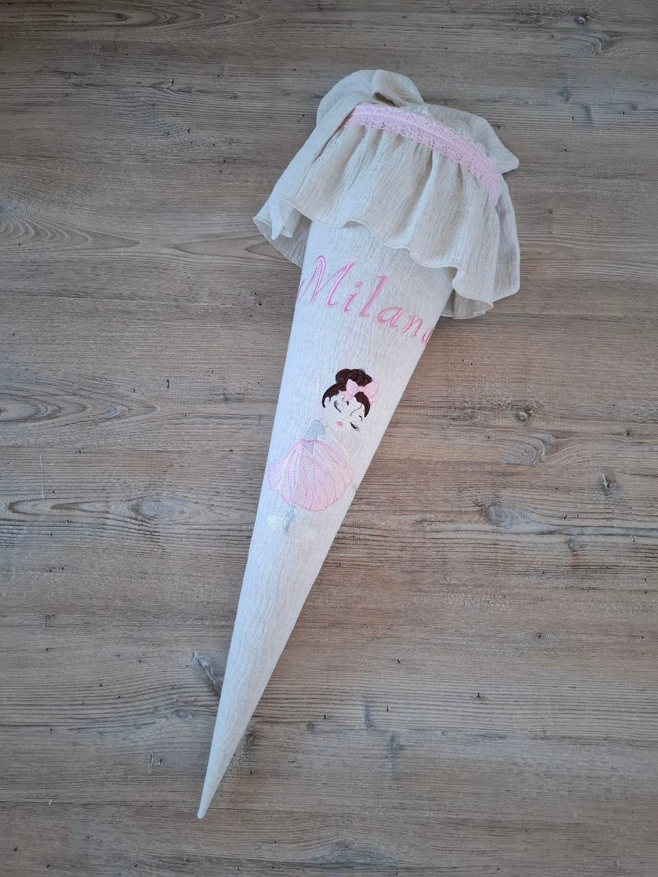 Personalisierte Musselin Schultüte mit Ballerina & Rüschen – Inkl. Rohling – Handgefertigt