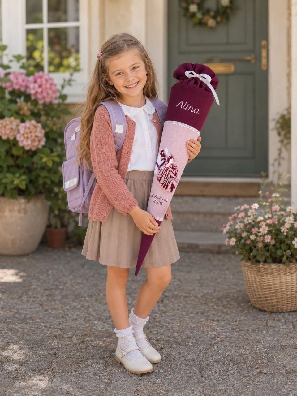 Personalisierte Musselin Schultüte mit 3D Pferd Bestickung in Hell pink und Bordeaux für Mädchen