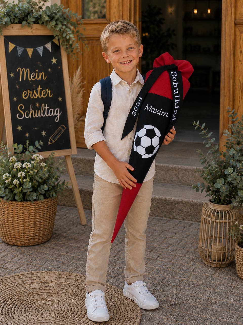 Fußball Schultüte personalisiert | Schultüte Junge | Canvas Schwarz | mit Papprohling | Name & Schulkind Stickerei