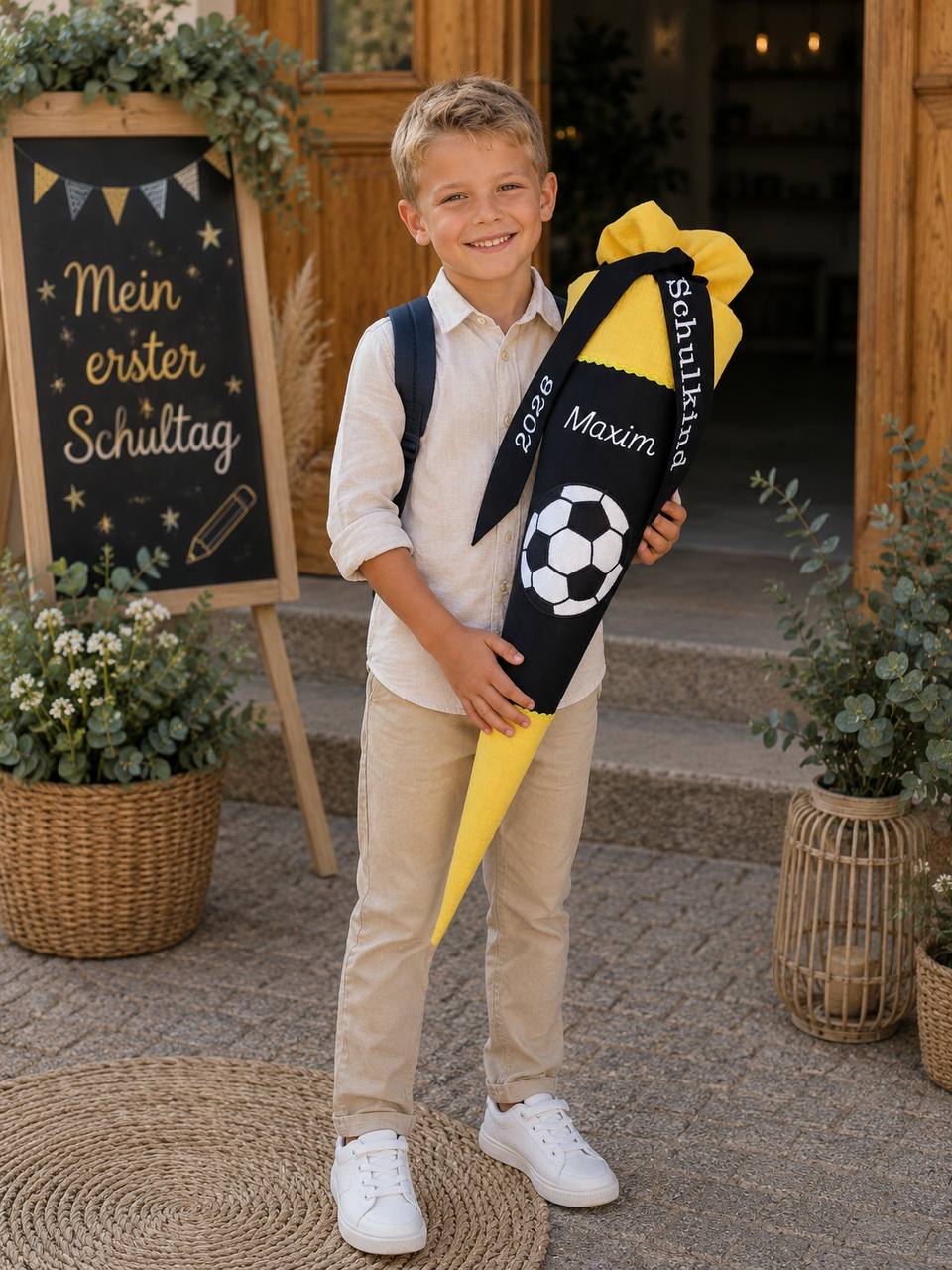 Fußball Schultüte personalisiert | Schultüte Junge | Canvas Schwarz | mit Papprohling | Name & Schulkind Stickerei