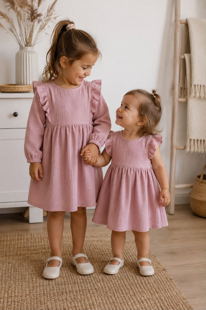 Mädchen Kleid aus Musselin mit Rüschen – Langarm Kleid mit Gummizug – Handgemachtes Kinderkleid in verschiedenen Farben und Größen