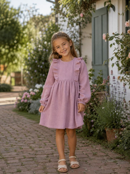 Mädchen Kleid aus Musselin mit Rüschen – Langarm Kleid mit Gummizug – Handgemachtes Kinderkleid in verschiedenen Farben und Größen